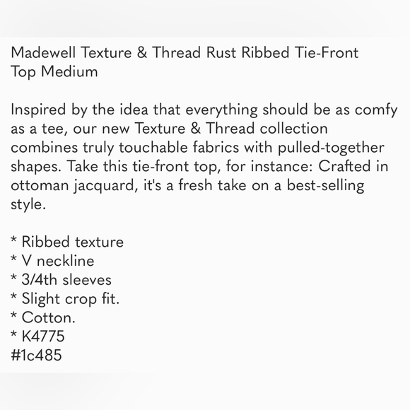 Madewell Texture & Thread Rust Ribbed Tie Front Top XL - Picture 5 of 8